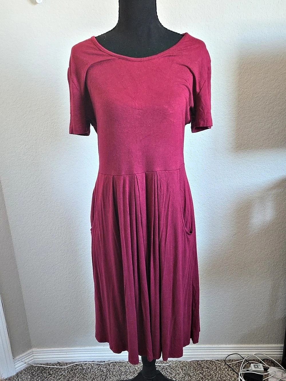 LuLaRoe Nicole Fit & Flare Dress Burgundy Solid Midi Size L